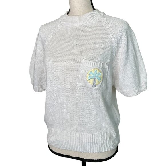 Vintage Jantzen Flamingo Palm Tree Sweater L – 80s Retro Pastel Summer Knit - Picture 5 of 10